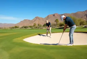 Golfers at a clinic practicing a bunker shot technique on a desert course.