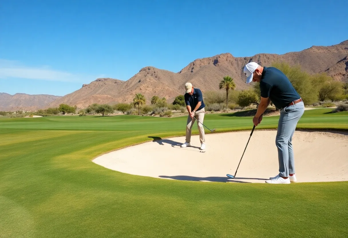 Golfers at a clinic practicing a bunker shot technique on a desert course.