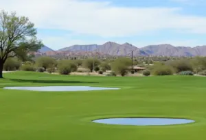 Tucson golf course affected by recent rain with water on the greens.