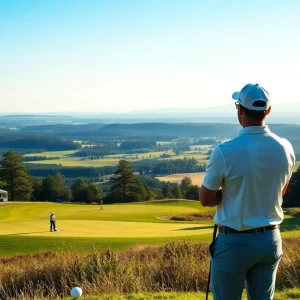 Golfers competing at a qualifier event on a scenic golf course
