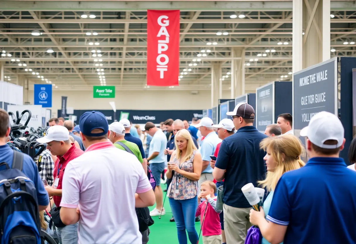 Crowd at Tucson Golf Expo testing golf equipment