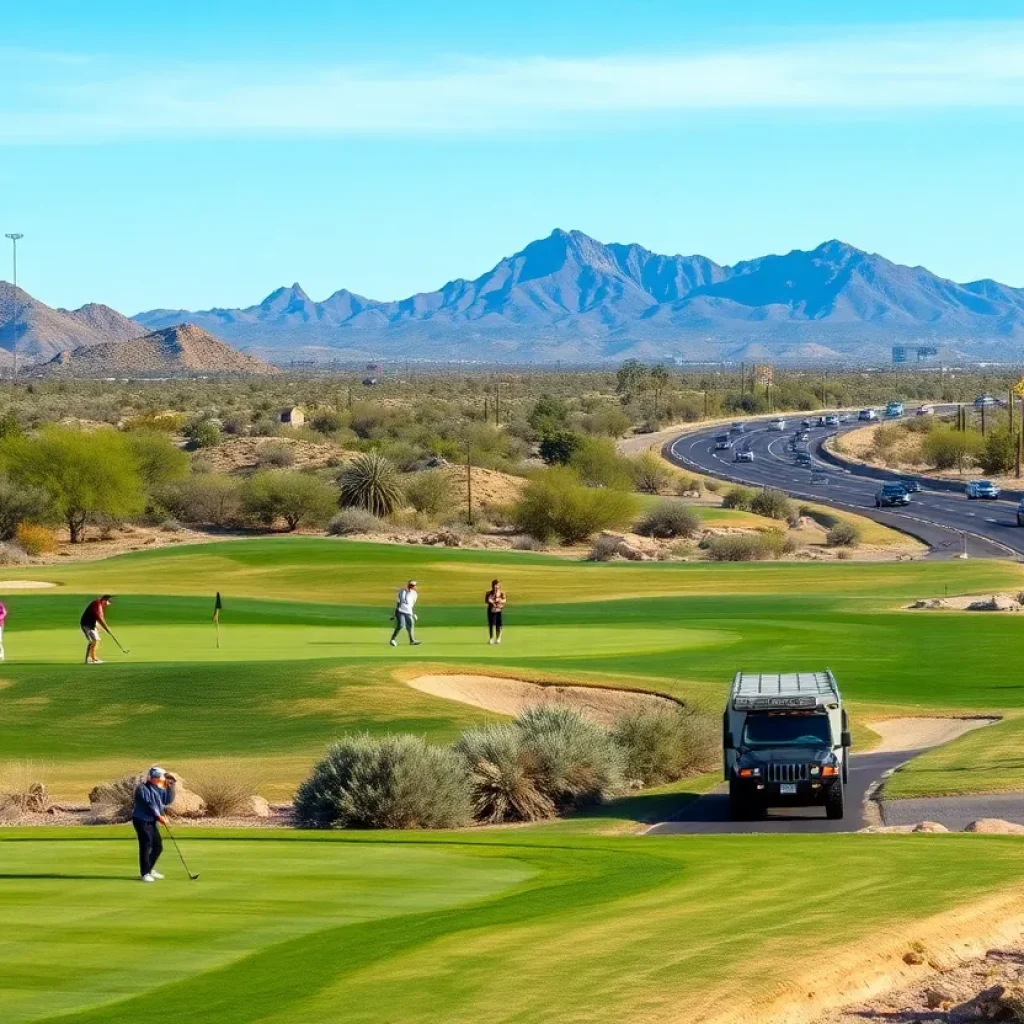 Golfers at Tucson golf course with desert scenery