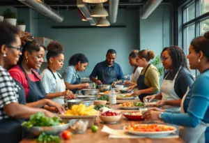 Cafe scene at Tucson Gospel Rescue Mission with individuals training in culinary Arts.