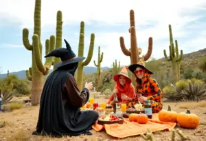 Participants in costumes enjoying a picnic in Saguaro National Park during a Halloween brunch ride.