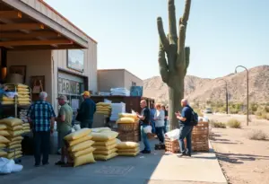 Customers buying sandbags and tarps at a Tucson hardware store in preparation for rain.