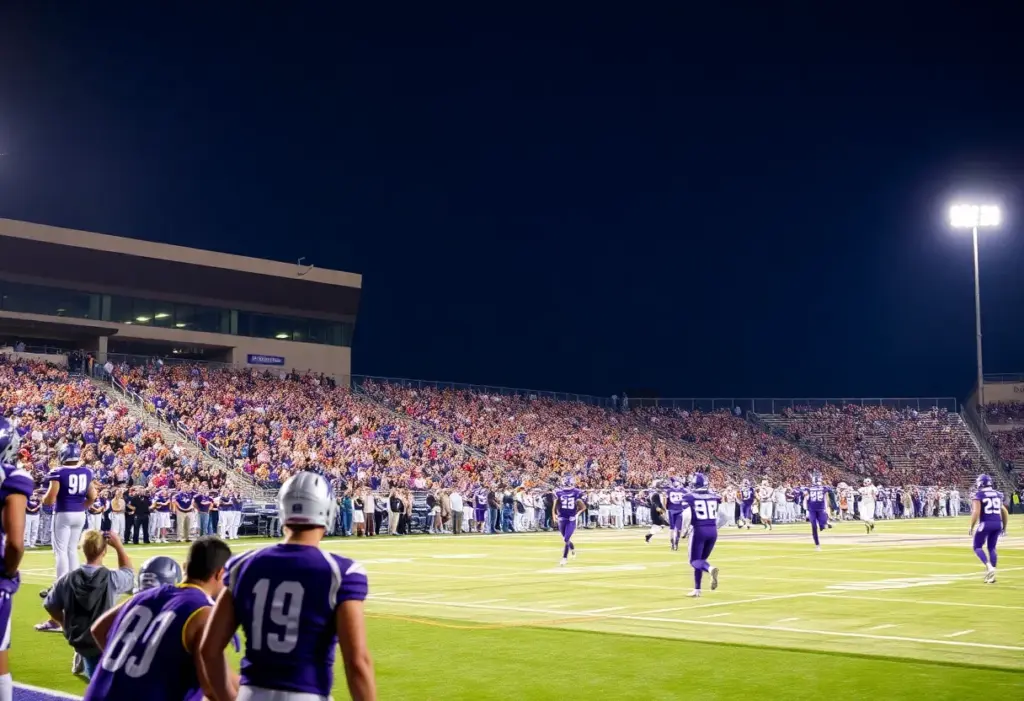Football game at Tucson High Stadium featuring Badgers vs Falcons under bright lights