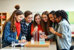 Group of high school students collaborating on a science project