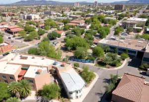 A mixed-use development in Tucson demonstrating urban planning with compact housing and green areas.