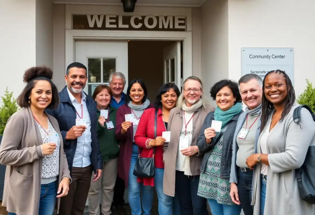 Diverse group of individuals displaying their new ID cards outside a community center