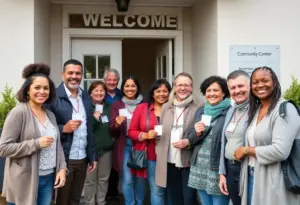 Diverse group of individuals displaying their new ID cards outside a community center