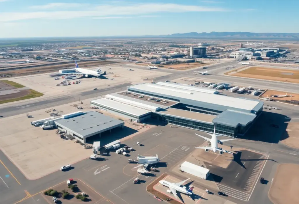 Aerial view of Tucson International Airport focusing on modern cargo facilities and drone delivery zones.