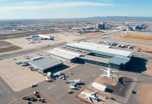 Aerial view of Tucson International Airport focusing on modern cargo facilities and drone delivery zones.