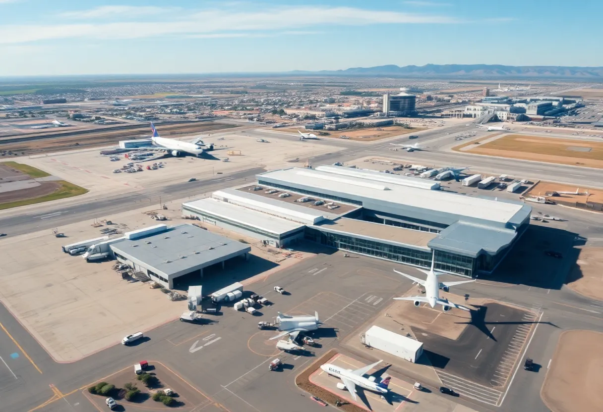Aerial view of Tucson International Airport focusing on modern cargo facilities and drone delivery zones.