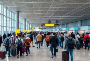 Busy terminal at Tucson International Airport with passengers and modern amenities.