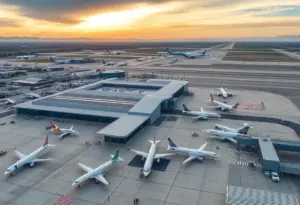 Aerial view of Tucson International Airport showing busy terminals and aircraft.