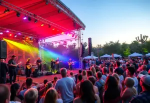 A lively scene from the Tucson Jazz Festival with artists on stage and an enthusiastic audience.