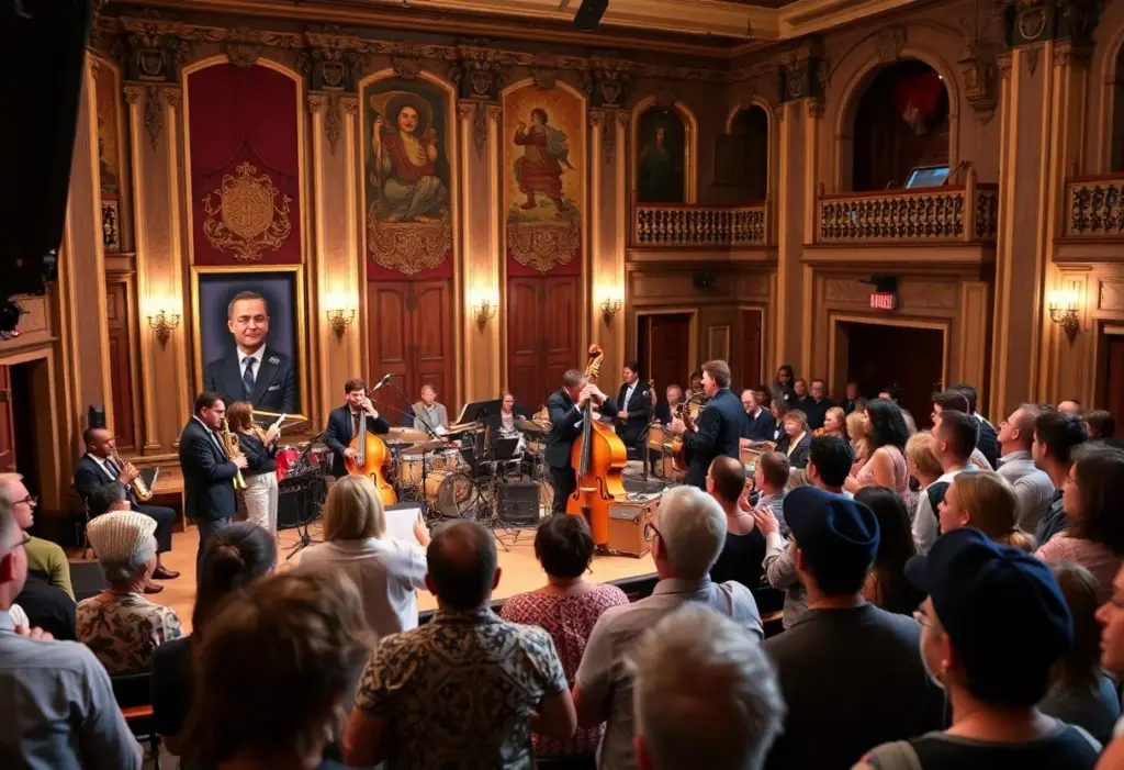 A vibrant jazz concert at the Rialto Theatre with performers and an enthusiastic audience.