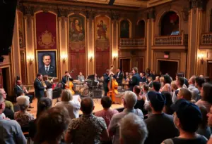 A vibrant jazz concert at the Rialto Theatre with performers and an enthusiastic audience.