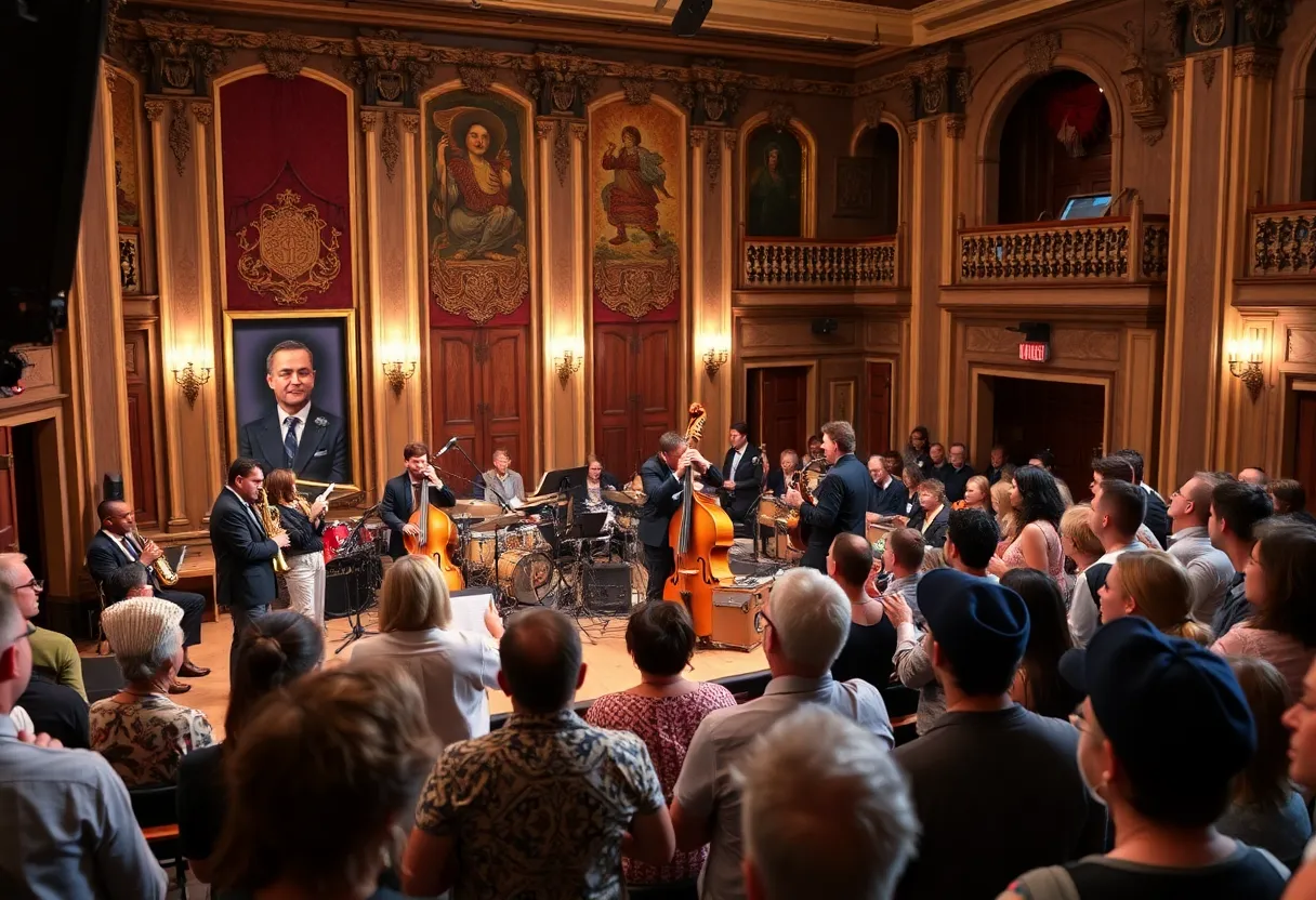 A vibrant jazz concert at the Rialto Theatre with performers and an enthusiastic audience.