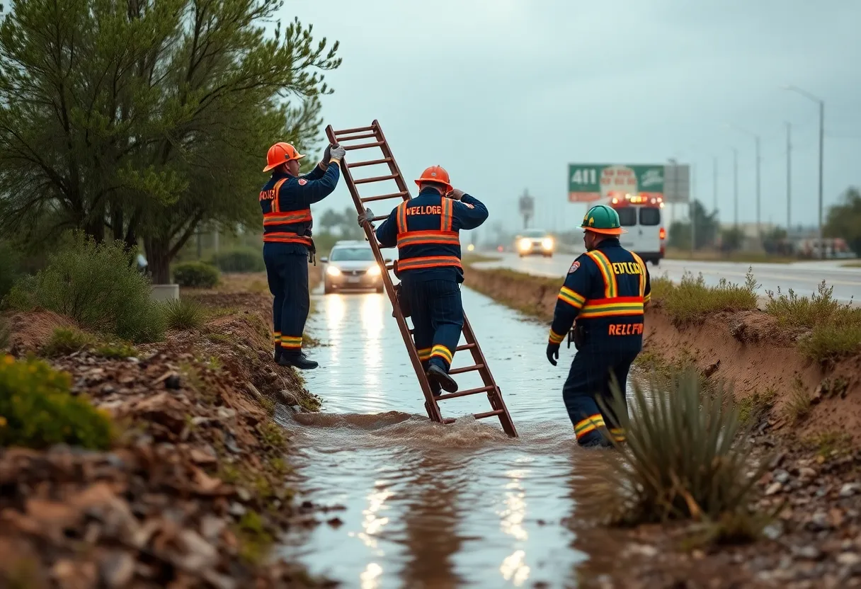 Emergency responders rescuing a motorist from a flooded ditch in Tucson.