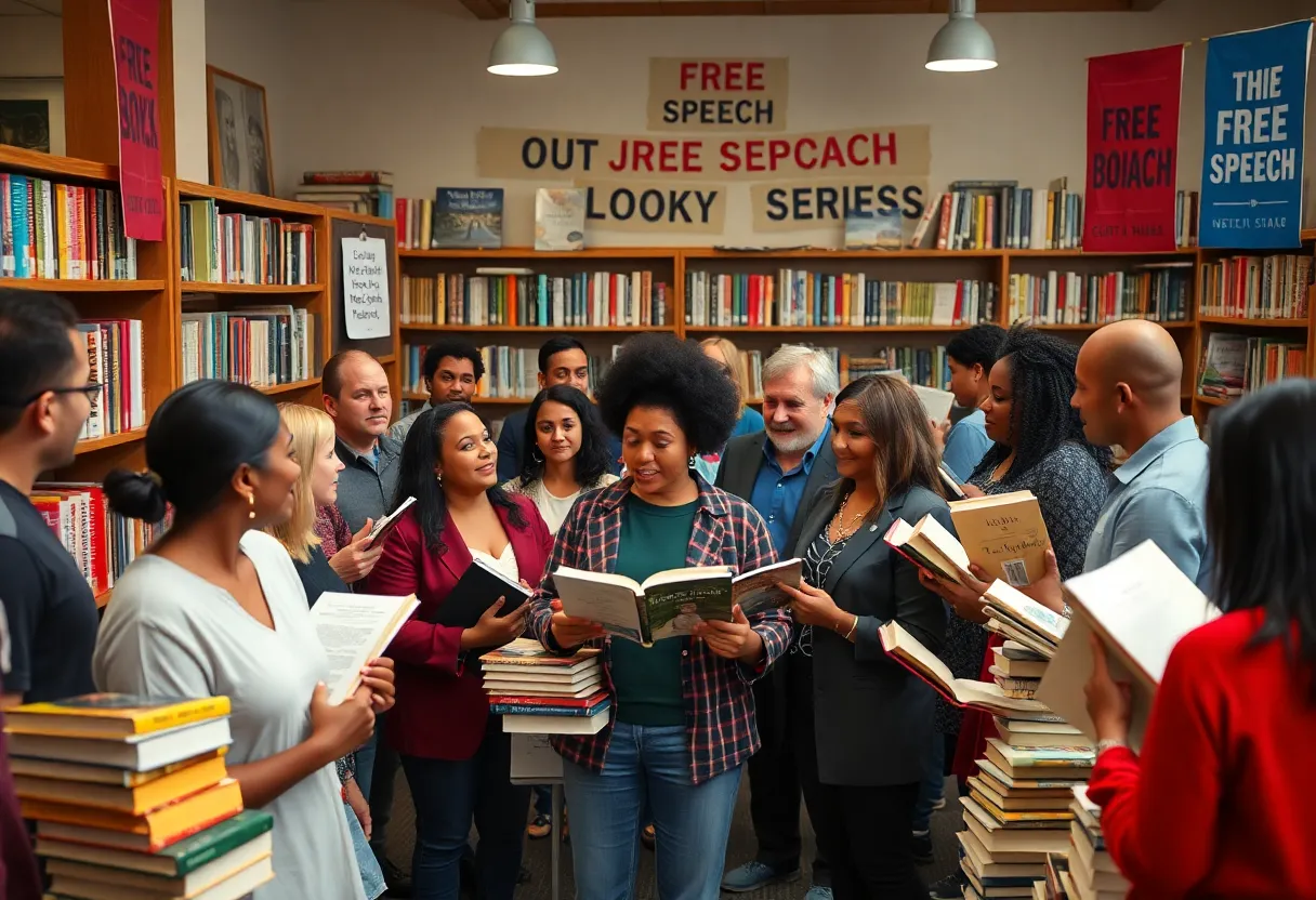 Community members at a Tucson library event discussing censorship.