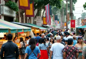 A lively street at the Tucson Meet Yourself festival filled with food vendors and local artisans.