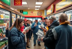 Customers in a Tucson grocery store excitedly looking at lottery tickets
