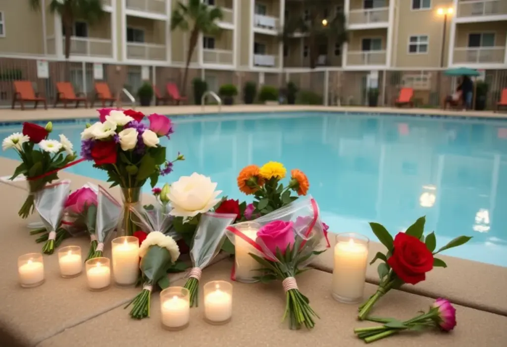 Community memorial honoring two young boys who drowned in a Tucson apartment pool.