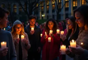 Participants lighting candles during a memorial event at the University of Arizona.