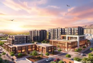 Rendering of Tucson's new mixed-use development featuring apartments and green spaces.