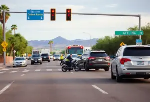 Emergency responders attending to a motorcycle crash at a Tucson intersection