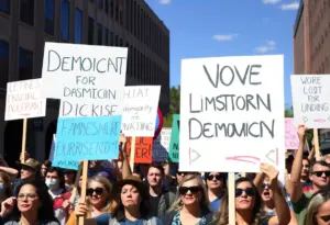 Diverse group of protesters in downtown Tucson holding signs for No Kings Day movement.