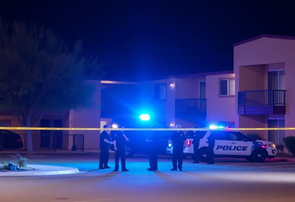 Police officers securing the scene of an officer-involved shooting at an apartment complex in Tucson.
