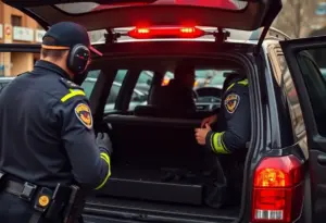 Tucson Police officers inspecting a vehicle during a firearm recovery operation.