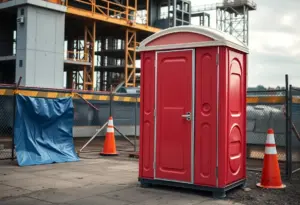 Portable toilet at a construction site with privacy concerns.