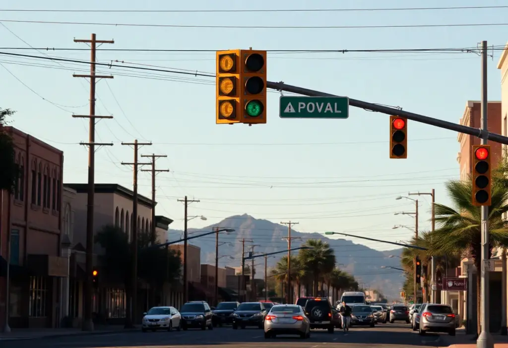 Midtown Tucson street affected by power outage with darkened traffic lights.