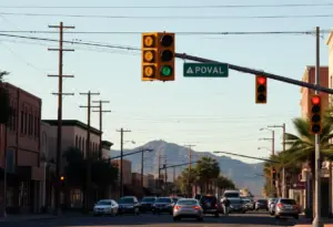 Midtown Tucson street affected by power outage with darkened traffic lights.