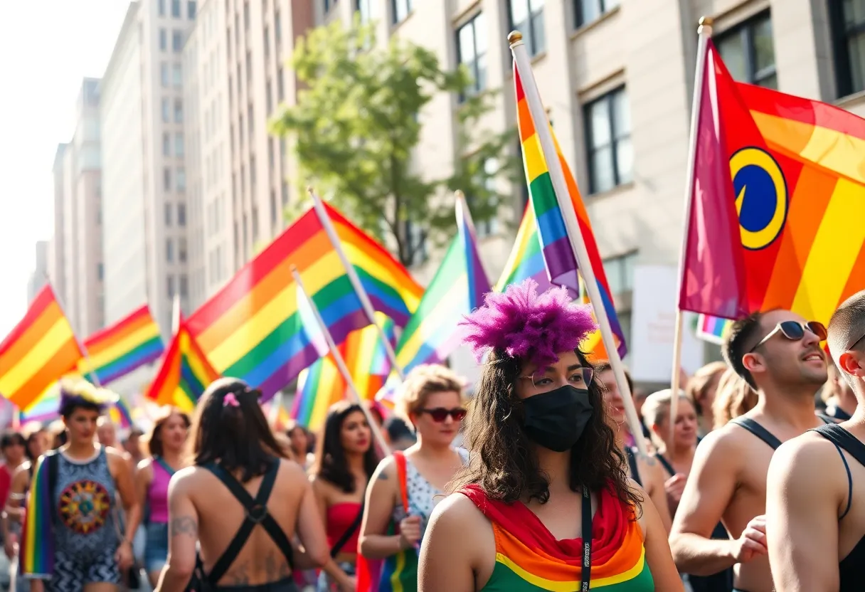 Vibrant participants at the Tucson Pride Parade holding flags.