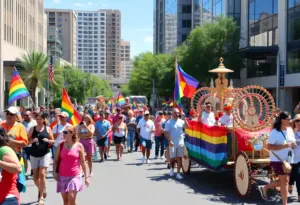 Colorful Tucson Pride parade scene with attendees celebrating diversity.