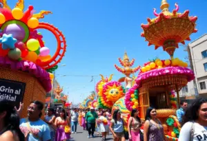 A colorful float at the Tucson Pride Parade with diverse participants celebrating unity.