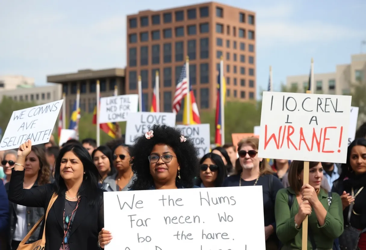 Participants holding signs at a Tucson protest calling for the release of detained humanitarian volunteers.