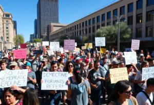 Participants in the Tucson protests holding signs for democratic reforms.