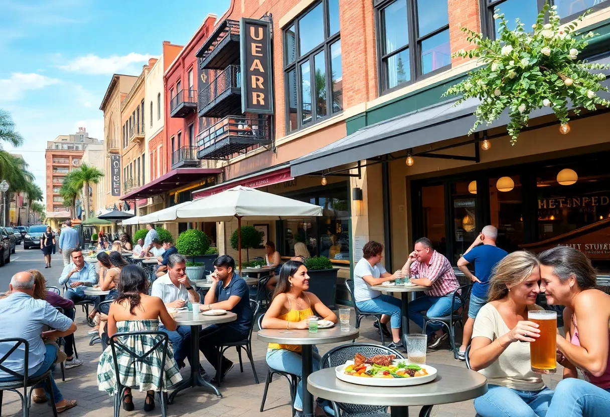 New restaurants in downtown Tucson with outdoor seating and diners.