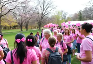 Participants of the Tucson SAABE Walk for Breast Cancer in a vibrant park setting
