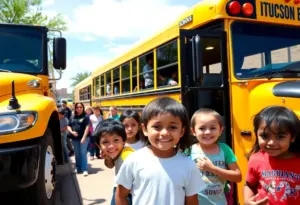 A school bus with students waiting outside in Tucson