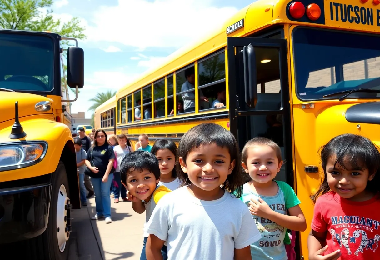 A school bus with students waiting outside in Tucson