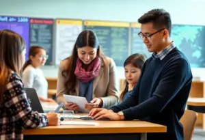 Teachers and students interacting with AI technology in a workshop setting