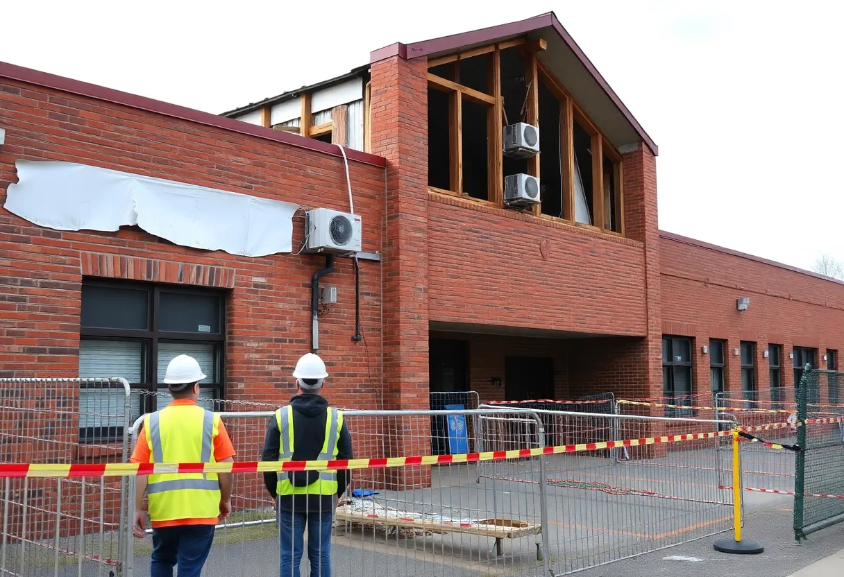 Construction workers assessing school infrastructure damage in Tucson