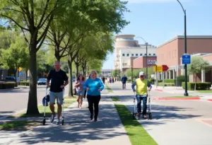 Image of an accessible sidewalk in Tucson with people walking and using mobility aids.