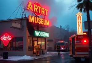 Aftermath of fire at Tucson Sign Art Museum, showing damaged neon signs.